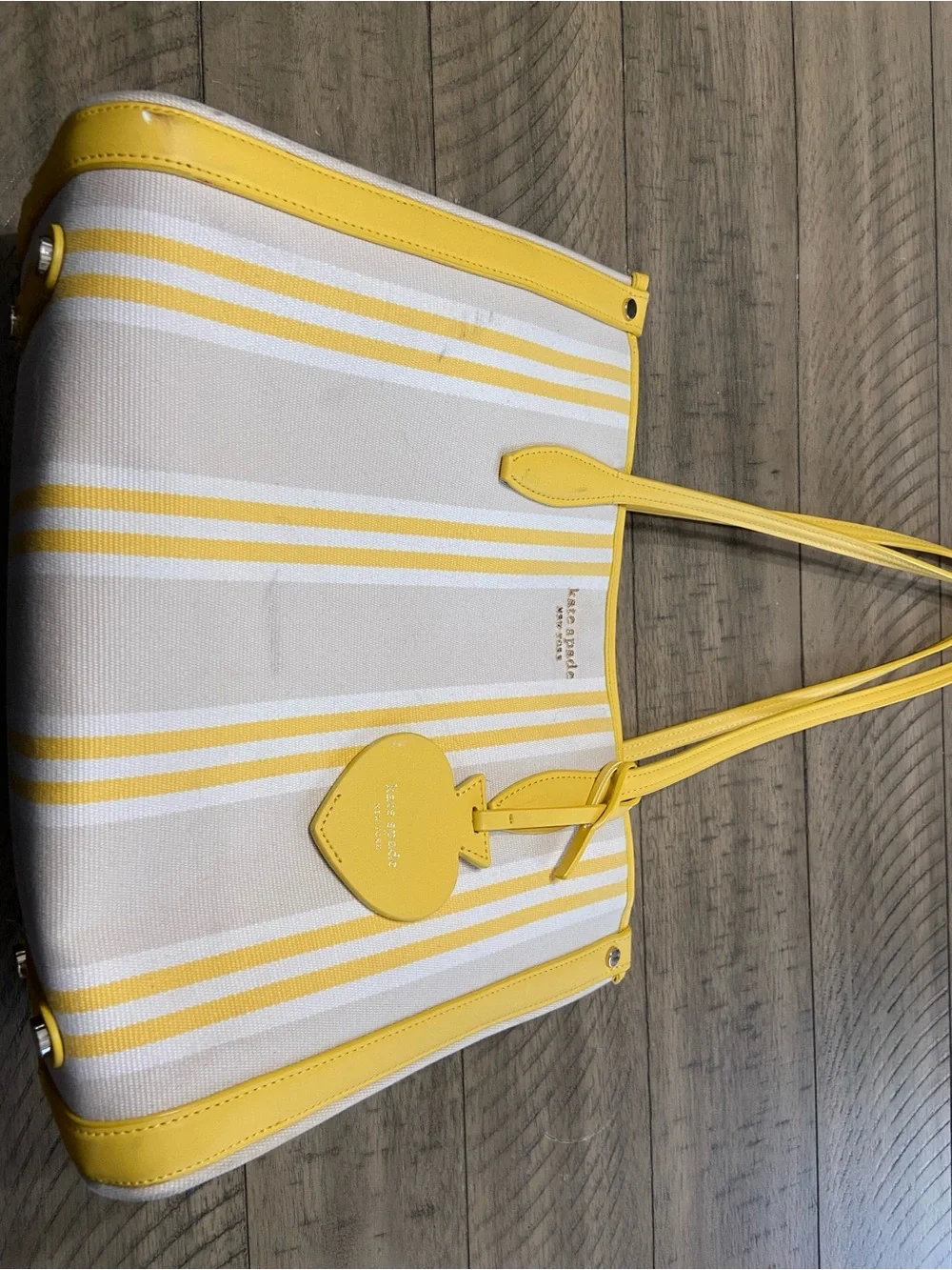 kate spade Yellow and Cream Striped Canvas Tote with Heart Charm